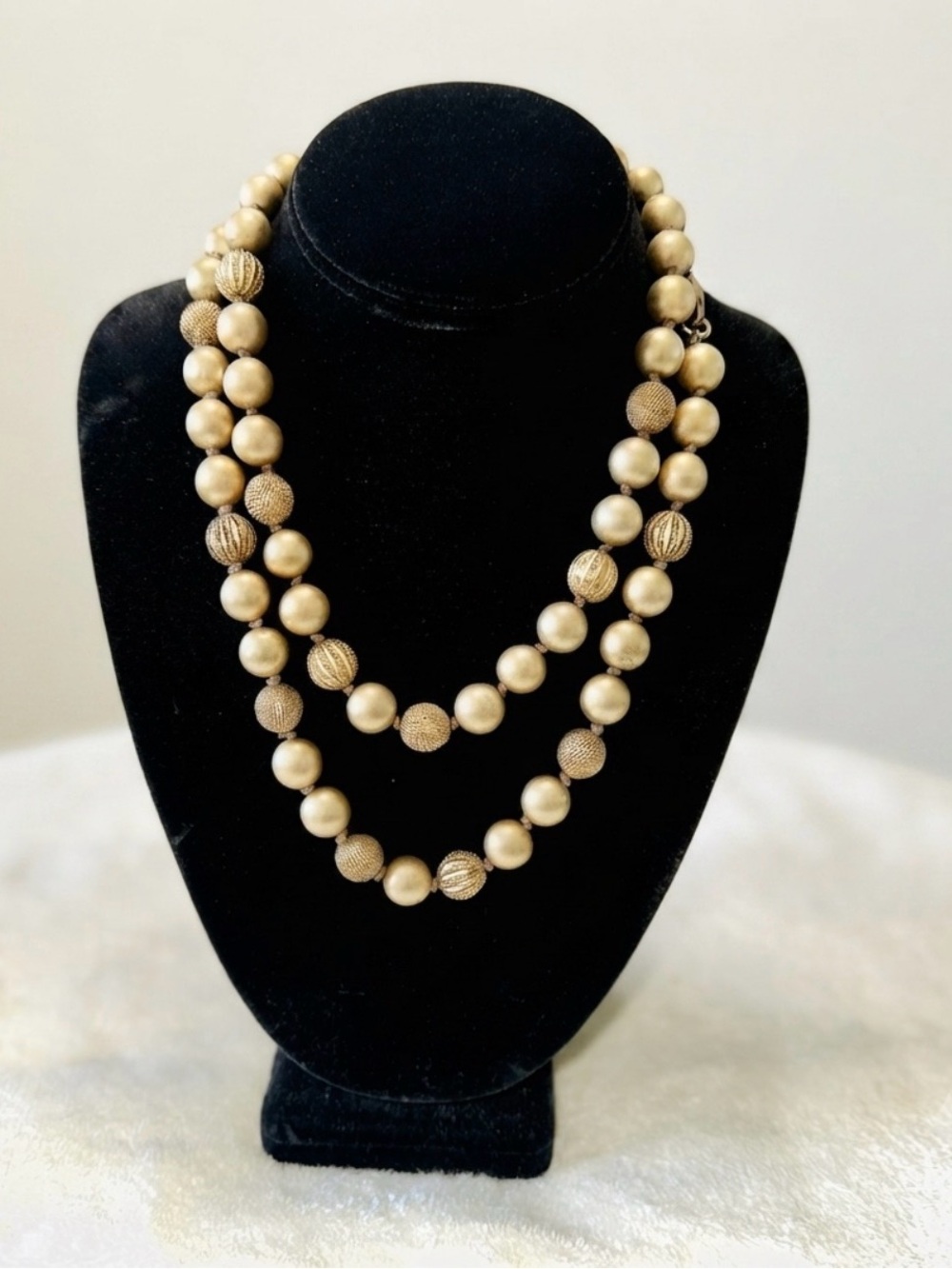 Set of 2 Vintage Ellen Tracy Gold Beaded Toggle Necklaces Layered Suede Y2K